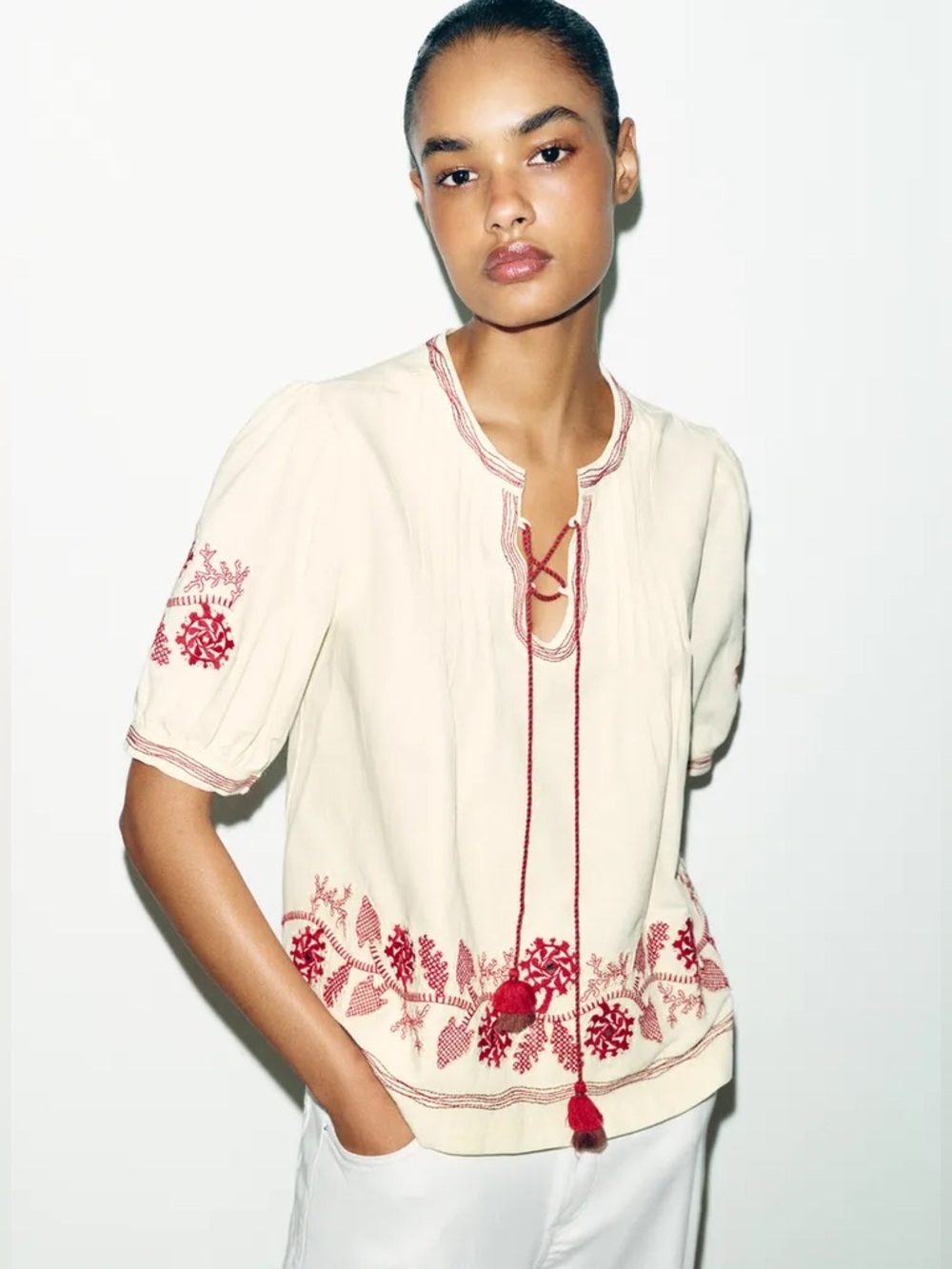 NWT Zara Woman Embroidery EMBROIDERED TASSEL BLOUSE Top Size XS